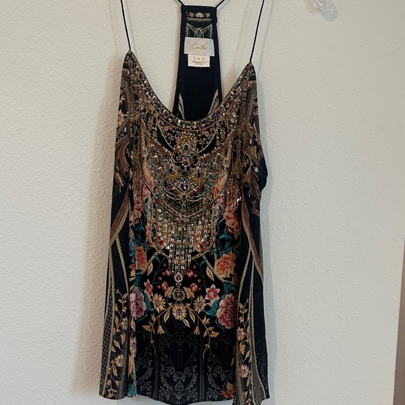 Camilla Tops - Camilla Black Embellished Floral Silk Tank Top